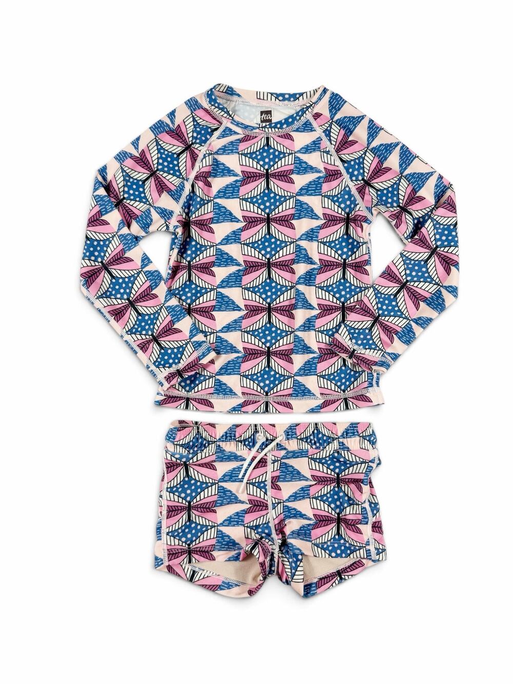 Tea Collection Butterfly Print Long Sleeve Rash Guard Swim Shorts Set Size 4